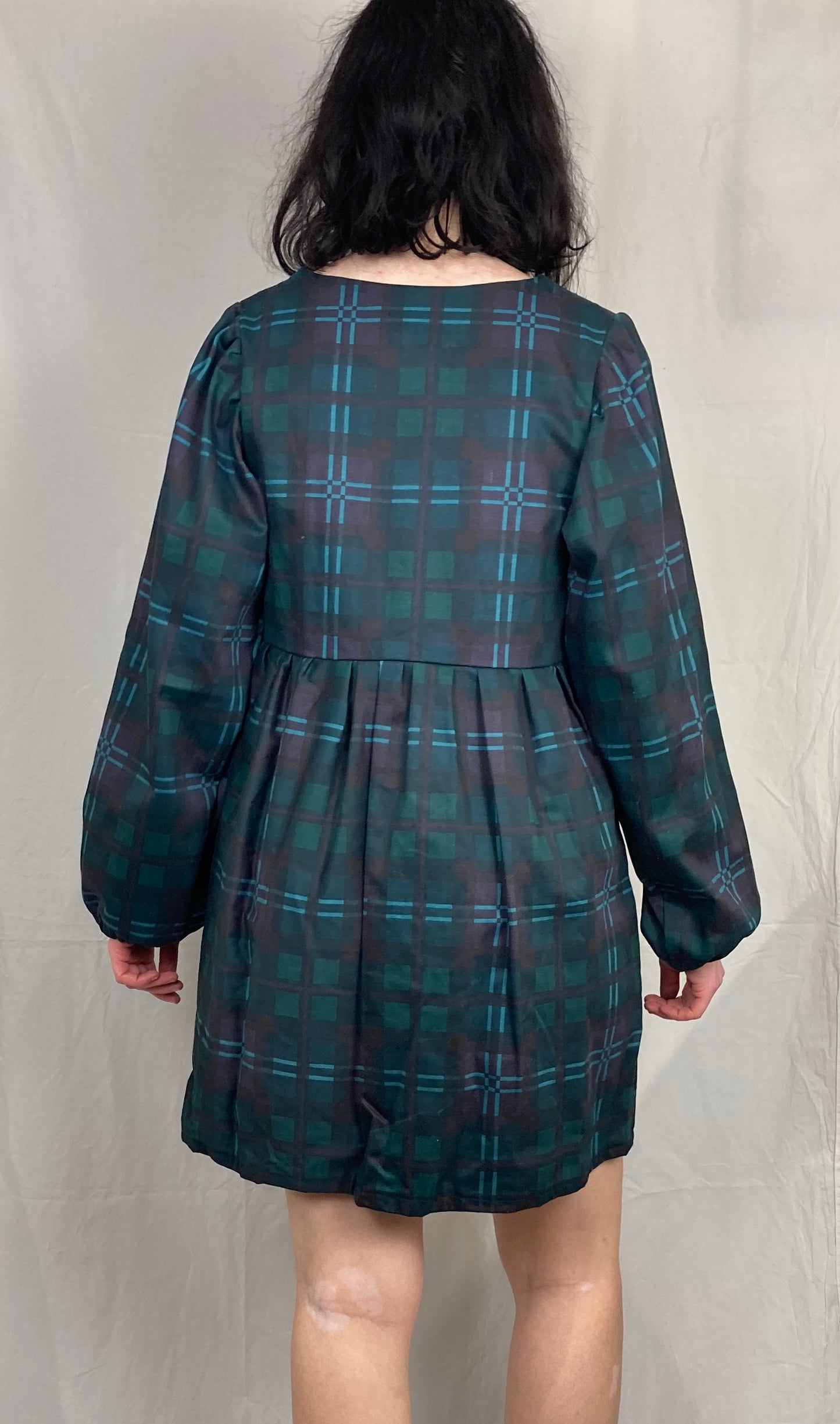 Ella Handmade Green Tartan Tie Front Puff Sleeve Mini Dress - Up To Size 10