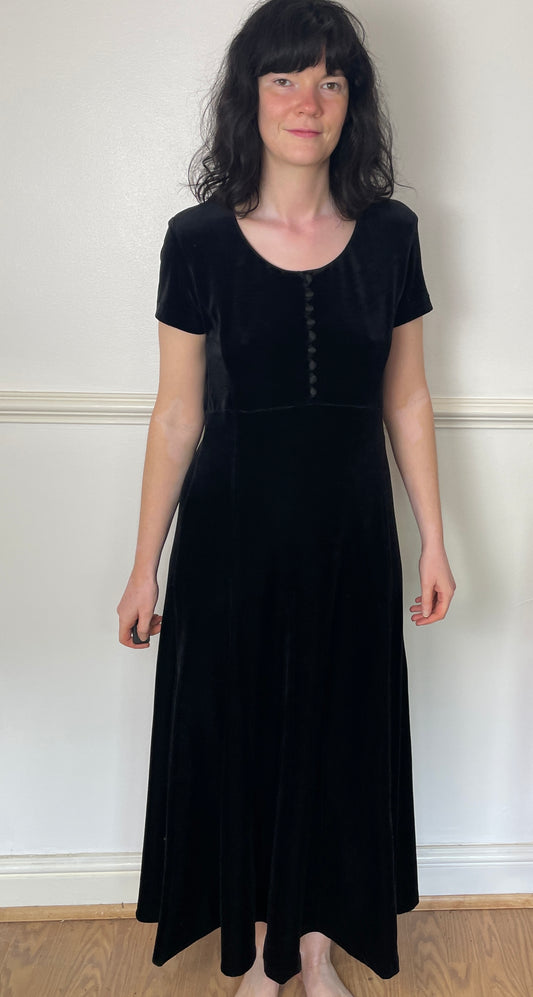 Vintage 90s Black Velvet Short Sleeve A Line Maxi Dress - Size 12