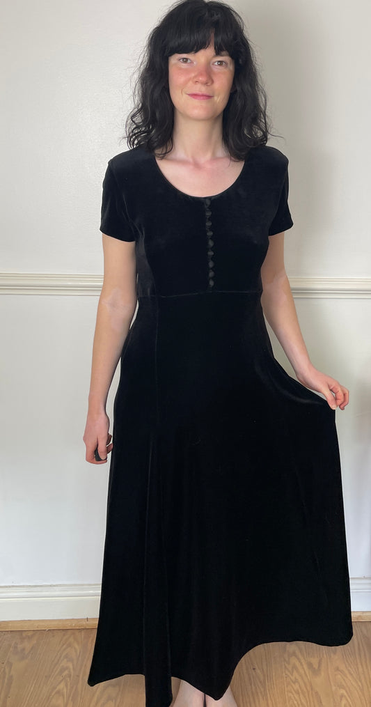 Vintage 90s Black Velvet Short Sleeve A Line Maxi Dress - Size 12