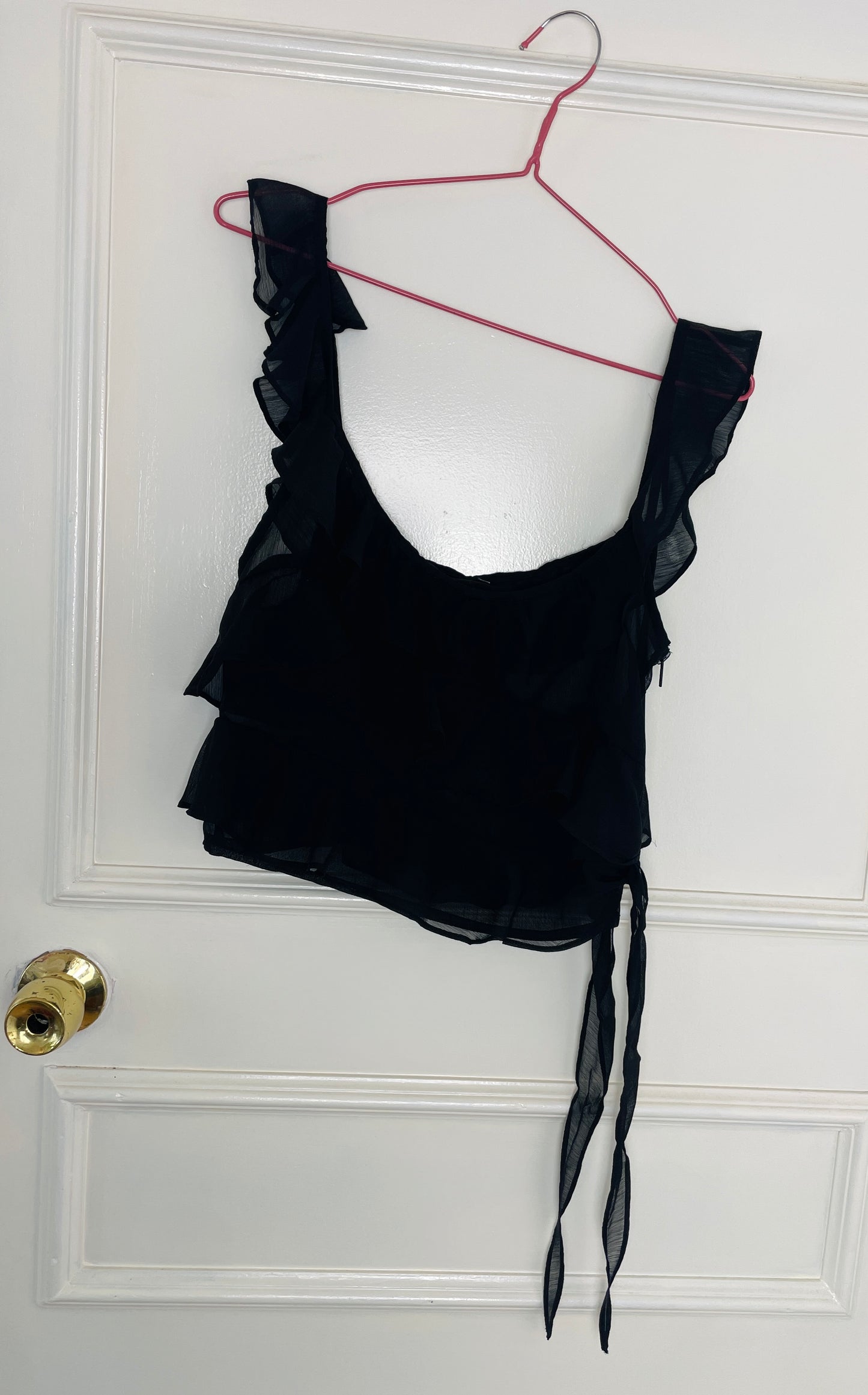 Vintage Y2K Black Chiffon Asymmetric Ruffle Cami Vest Top - Size 10