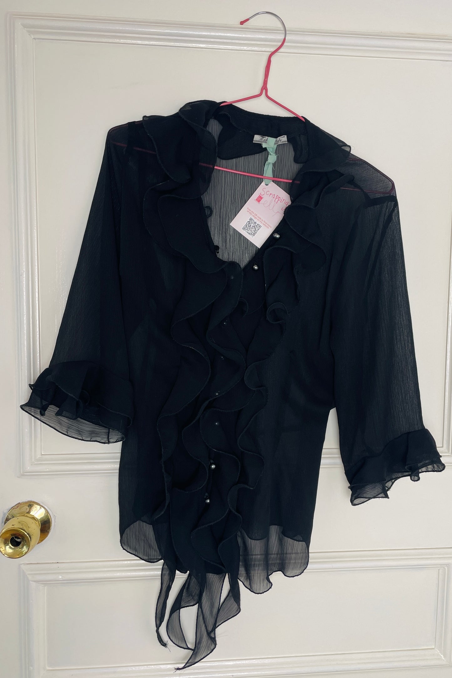Vintage 90s Black Chiffon Ruffle Blouse with Waist Tie - Size 12
