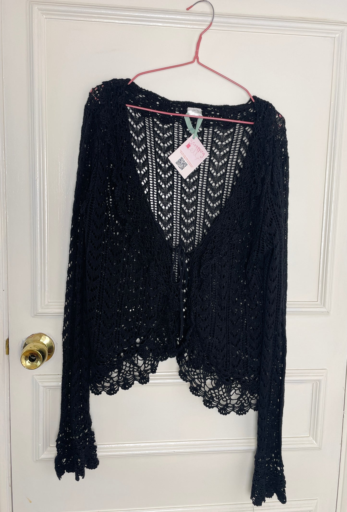 Vintage 90s Dark Brown Crochet Ruffle Tie Front Cardigan - Size 12