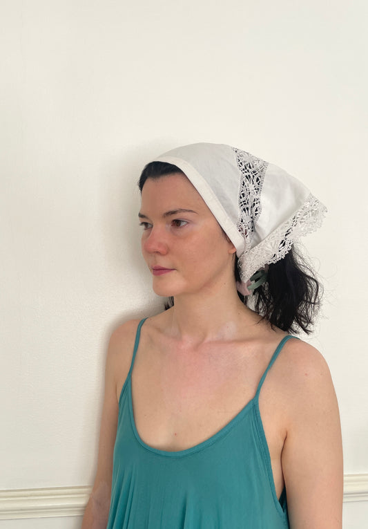 Handmade White Embroidered Cotton Head Scarf Bandana with Lace Trim