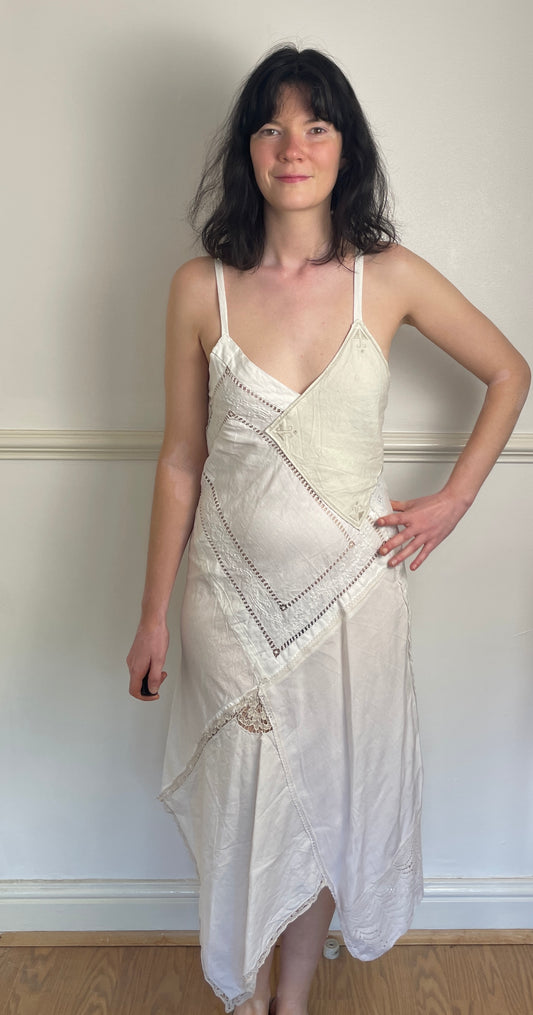 Handmade White Embroidered Patchwork Lace Up Back Hankerchief Hem Midi Dress - Size 10