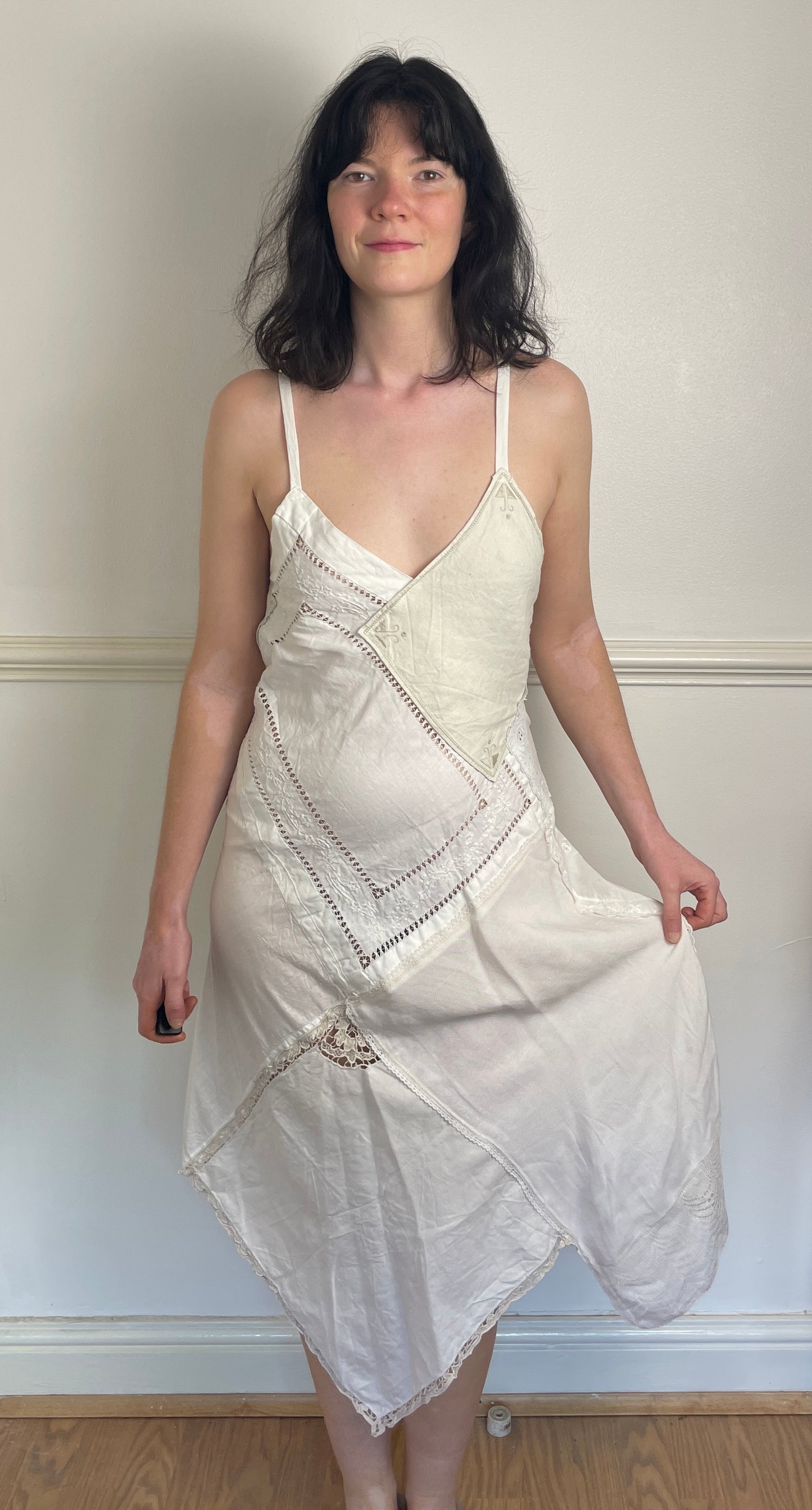 Handmade White Embroidered Patchwork Lace Up Back Hankerchief Hem Midi Dress - Size 10