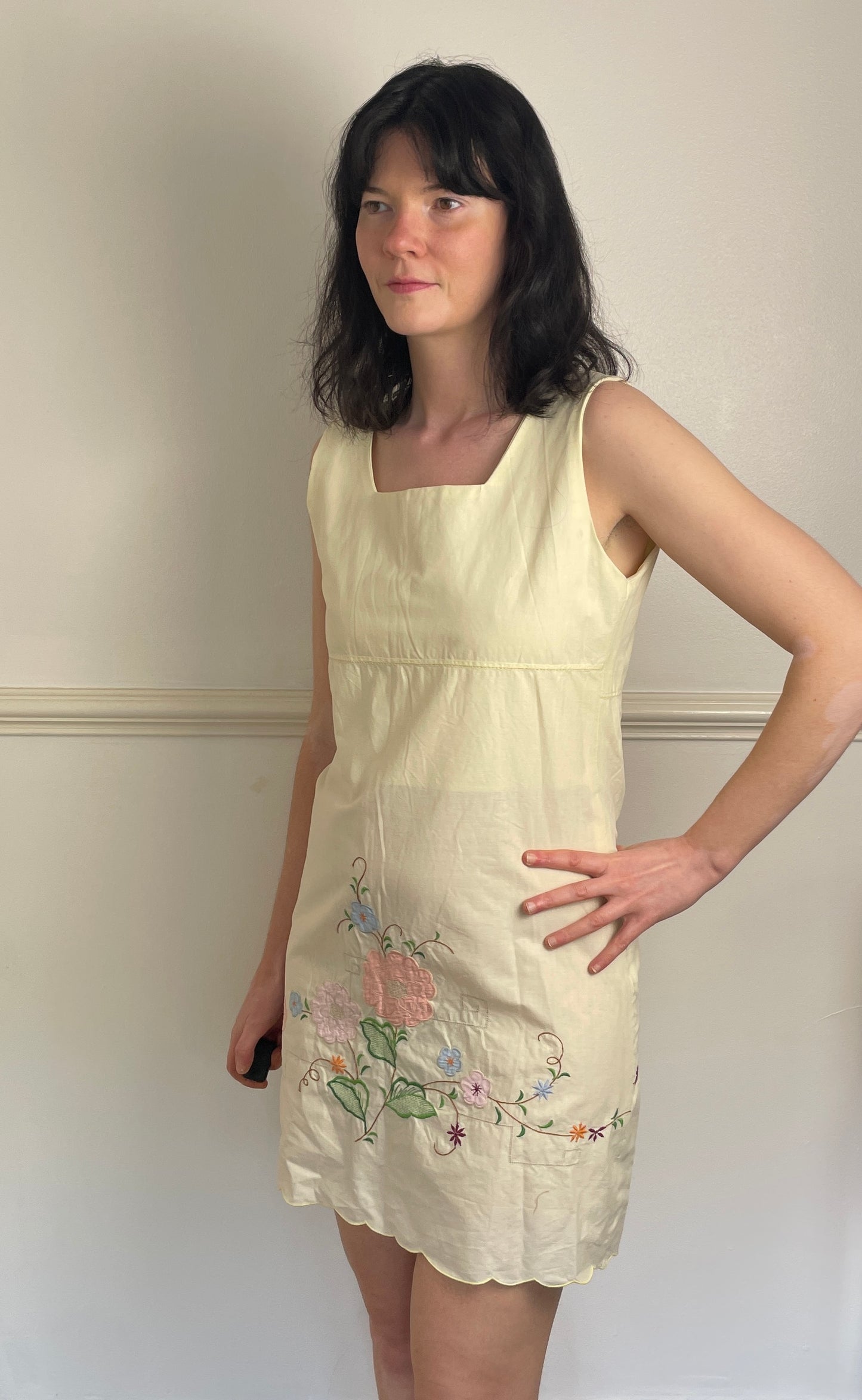 Handmade Pale Yellow Cotton Floral Embroidered Sleeveless Mini Dress - Size 10