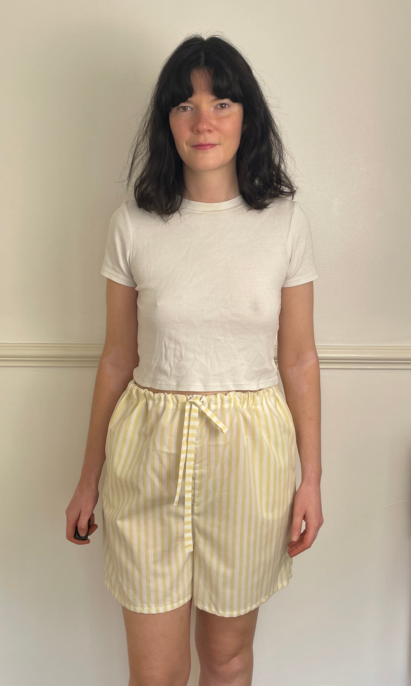 Handmade Long Yellow Striped Cotton Drawstring Shorts - Size 12