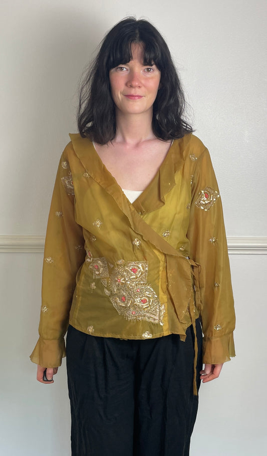 Handmade Khaki Green Sheer Chiffon Sequin Wrap Top with Ruffle Neckline - Size 14