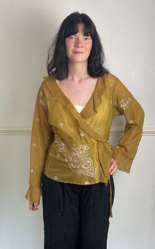 Handmade Khaki Green Sheer Chiffon Sequin Wrap Top with Ruffle Neckline - Size 14