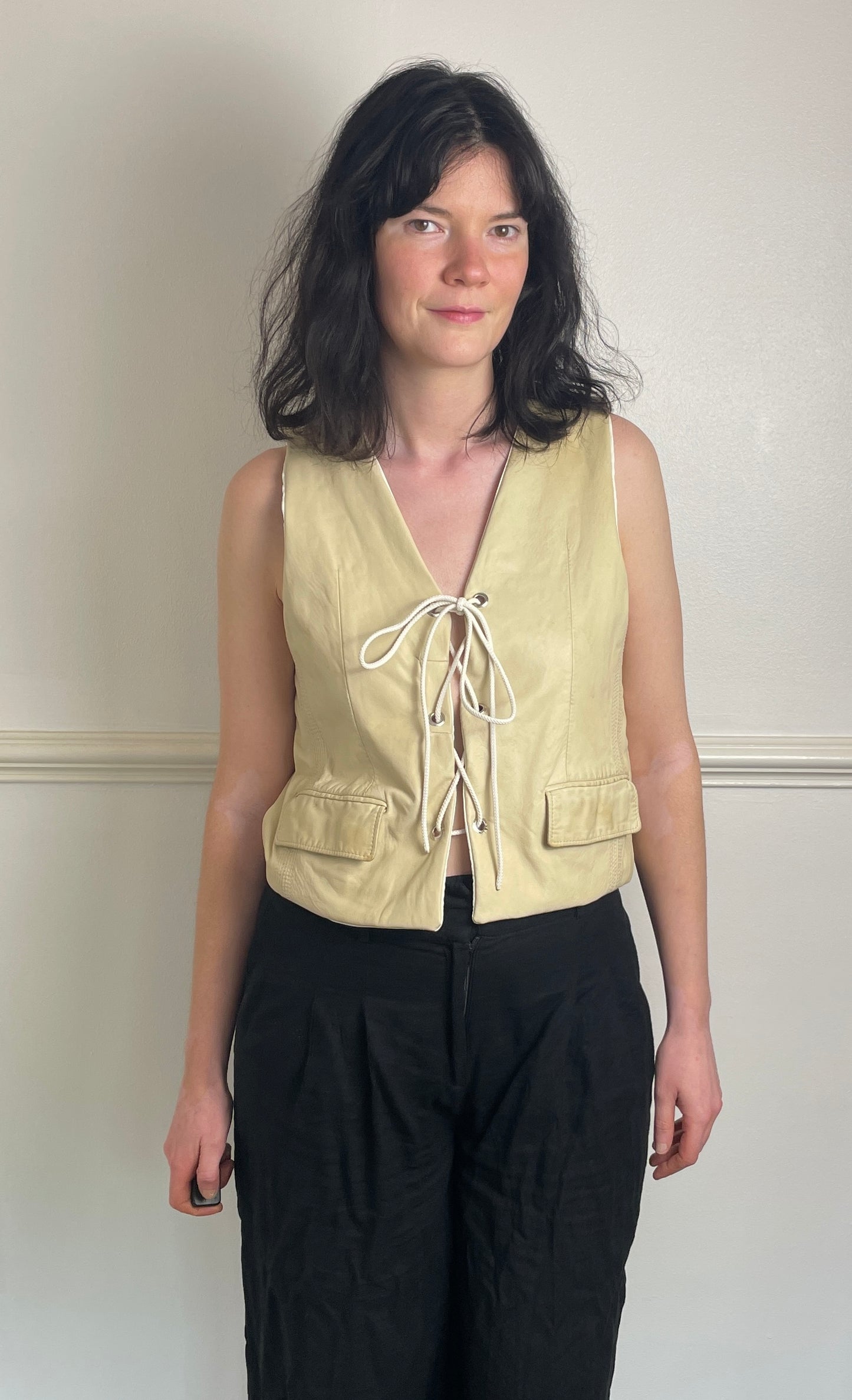 Handmade Beige Leather Lace Up Sleeveless Vest Top - Size 10