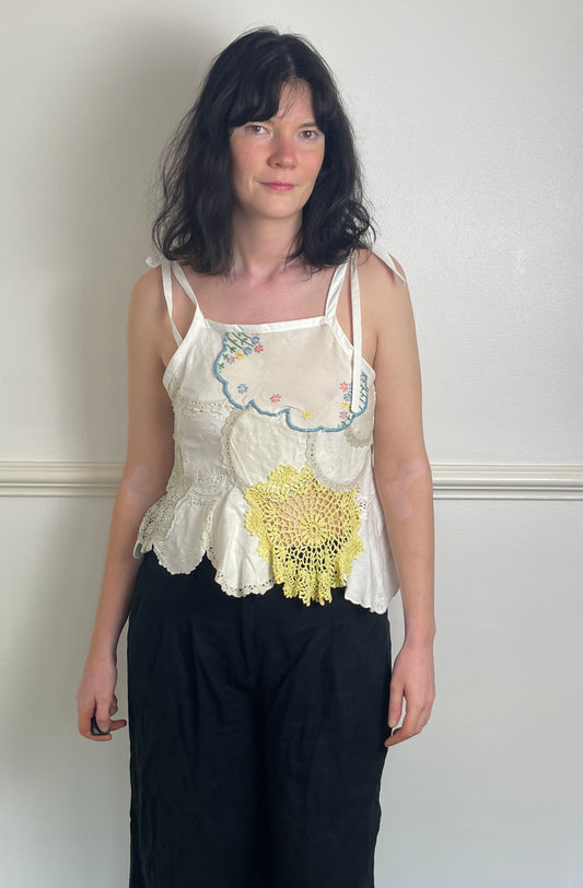 Handmade White Patchwork Floral Embroidered Tie Shoulder Sleeveless Top - Size 10
