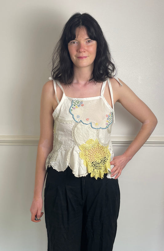 Handmade White Patchwork Floral Embroidered Tie Shoulder Sleeveless Top - Size 10
