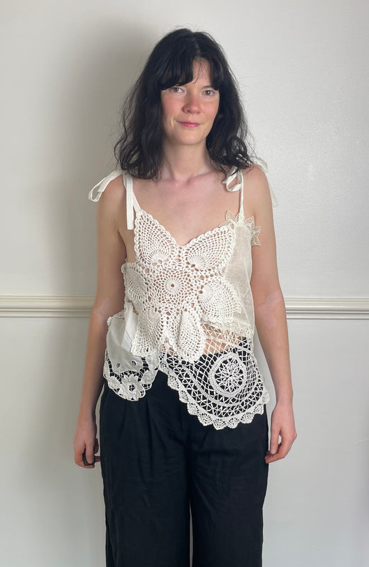 Handmade White Patchwork Crochet and Lace Tie Shoulder Sleeveless Top - Size 10
