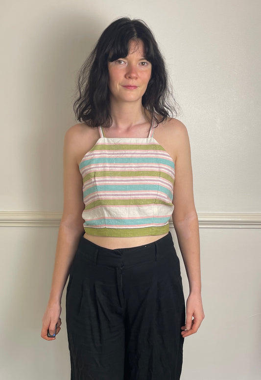 Handmade Pink Striped Cross Strap Tie Back Crop Top - Size 8