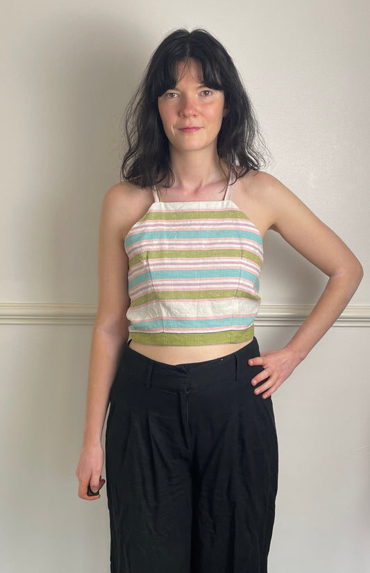 Handmade Pink Striped Cross Strap Tie Back Crop Top - Size 8