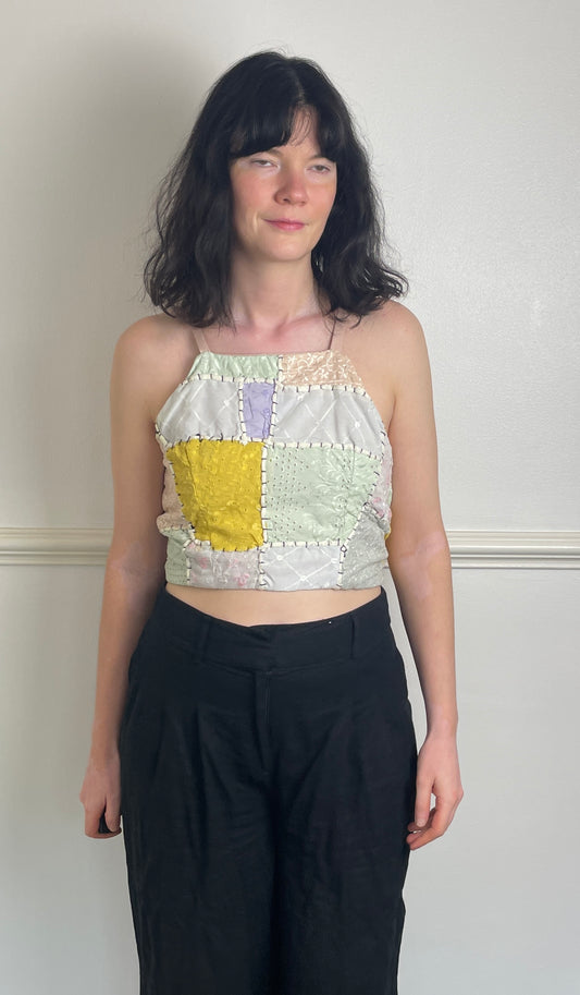 Handmade Pink Patchwork Embroidered Cross Strap Tie Back Crop - Size 8