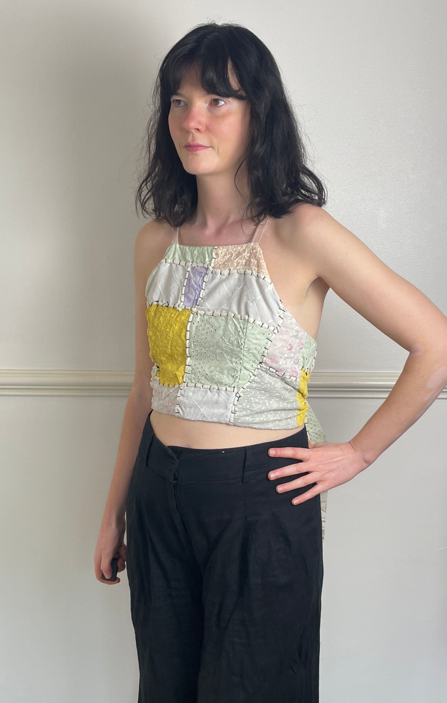 Handmade Pink Patchwork Embroidered Cross Strap Tie Back Crop - Size 8