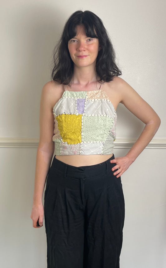 Handmade Pink Patchwork Embroidered Cross Strap Tie Back Crop - Size 8