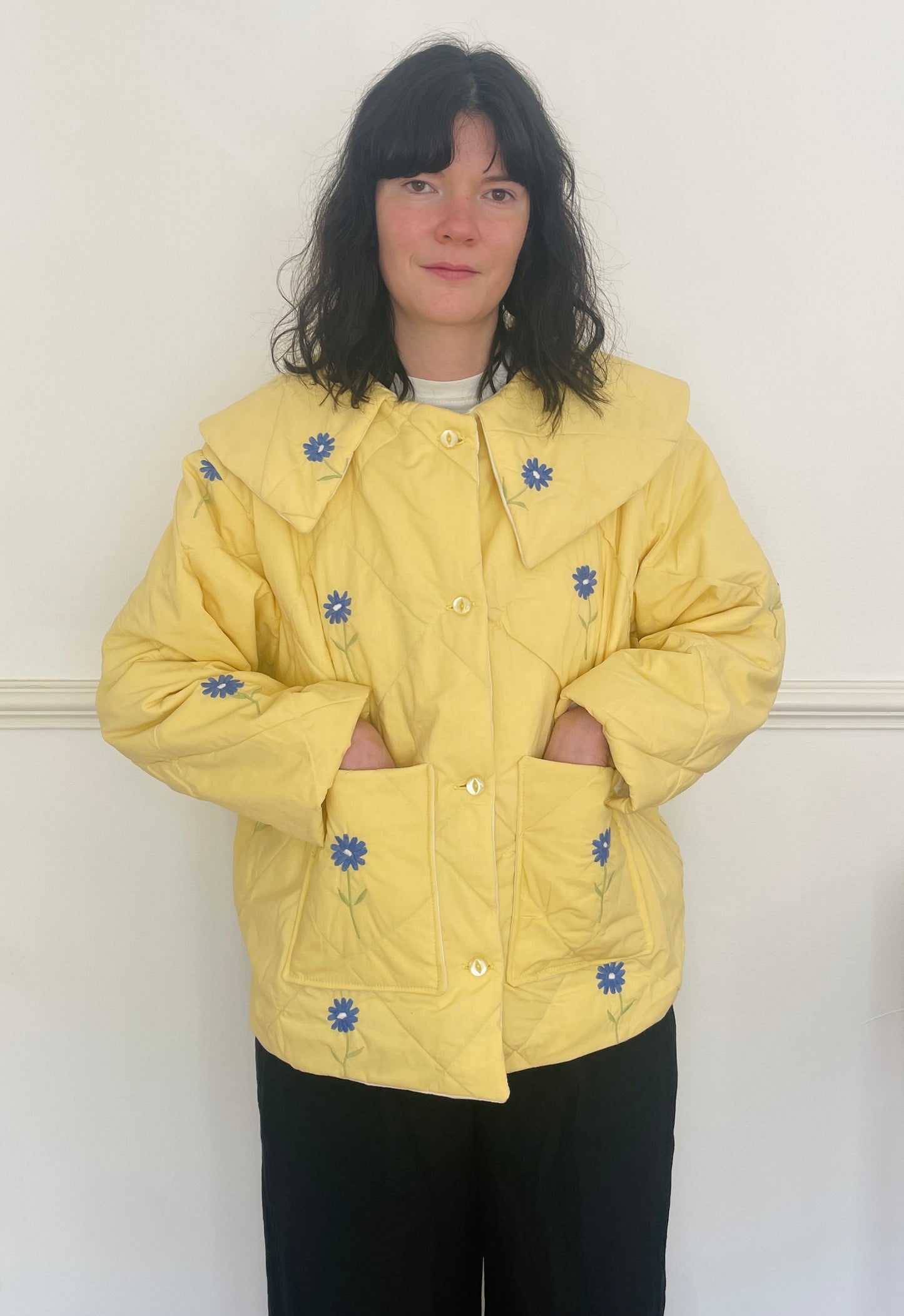 Handmade Yellow Quilted Floral Embroidered Collared Jacket - Size 14