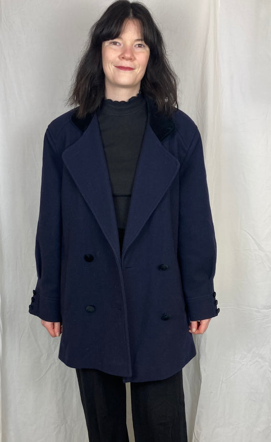 Vintage 90s Navy Blue Wool Coat with Velvet Collar - Up To Size 14