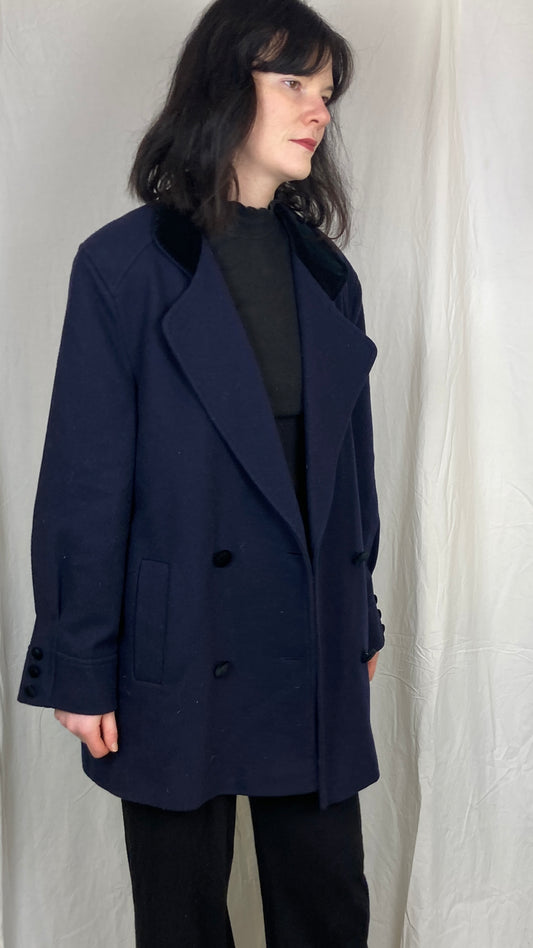 Vintage 90s Navy Blue Wool Coat with Velvet Collar - Up To Size 14