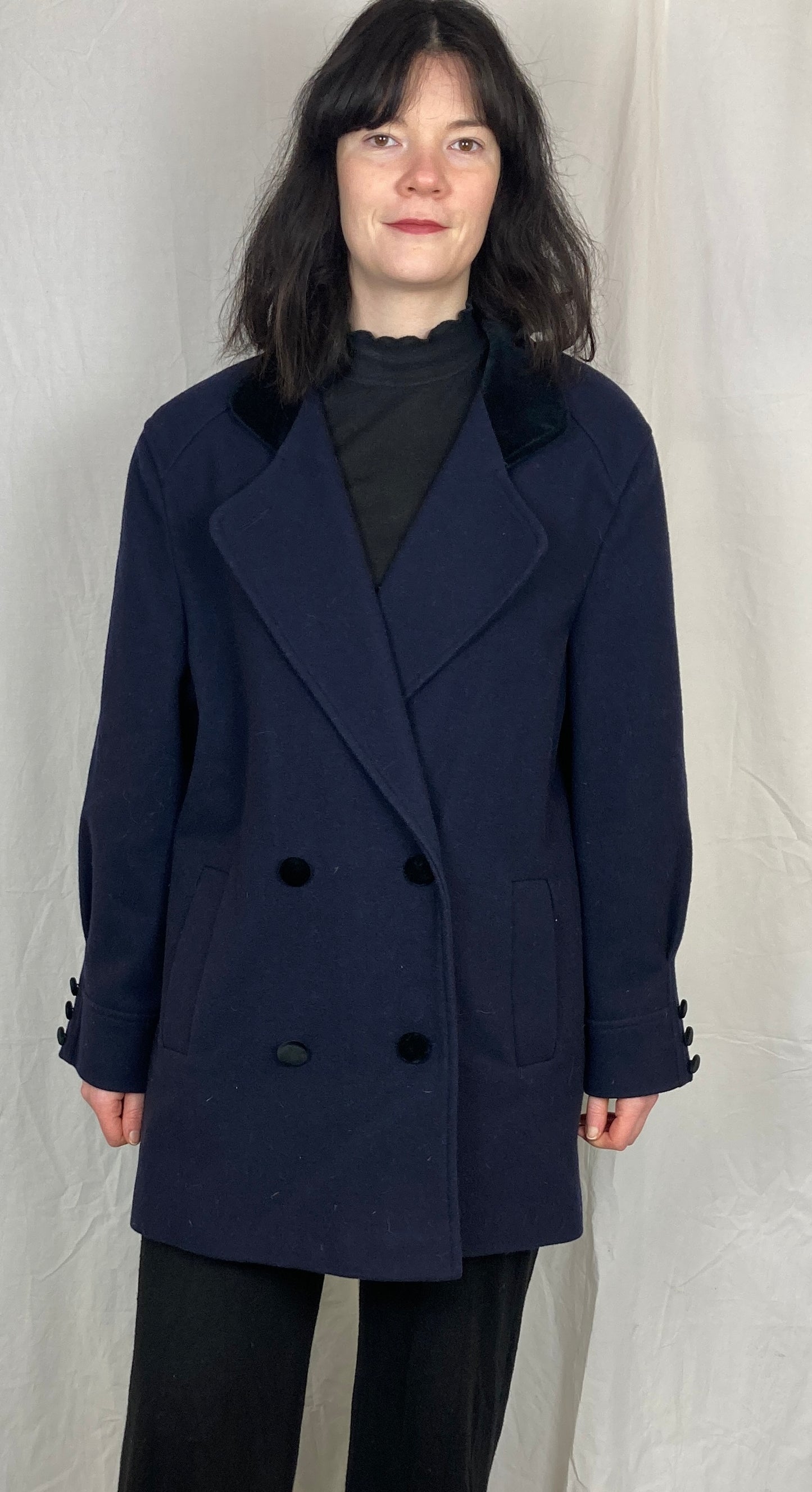 Vintage 90s Navy Blue Wool Coat with Velvet Collar - Up To Size 14