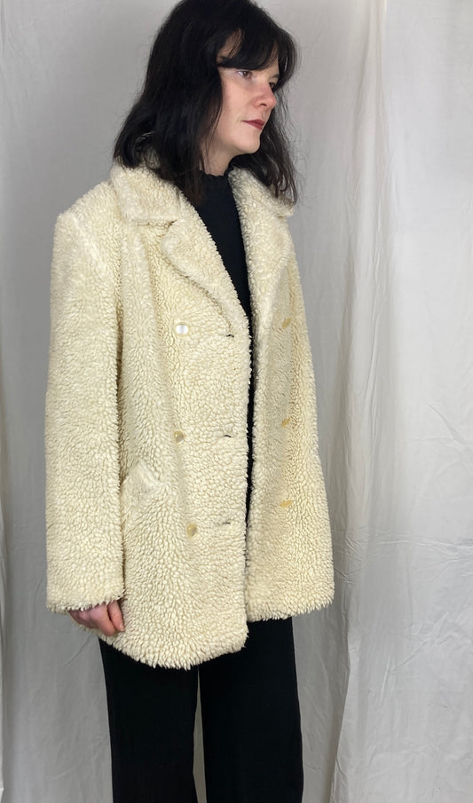 Vintage 70s White Borg Double Breasted Teddy Coat - Up To Size 14
