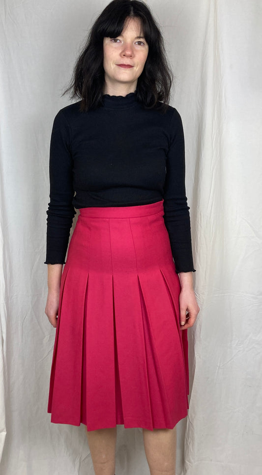 Vintage 80s Pink Pleated Wool Midi Skirt - Size 8