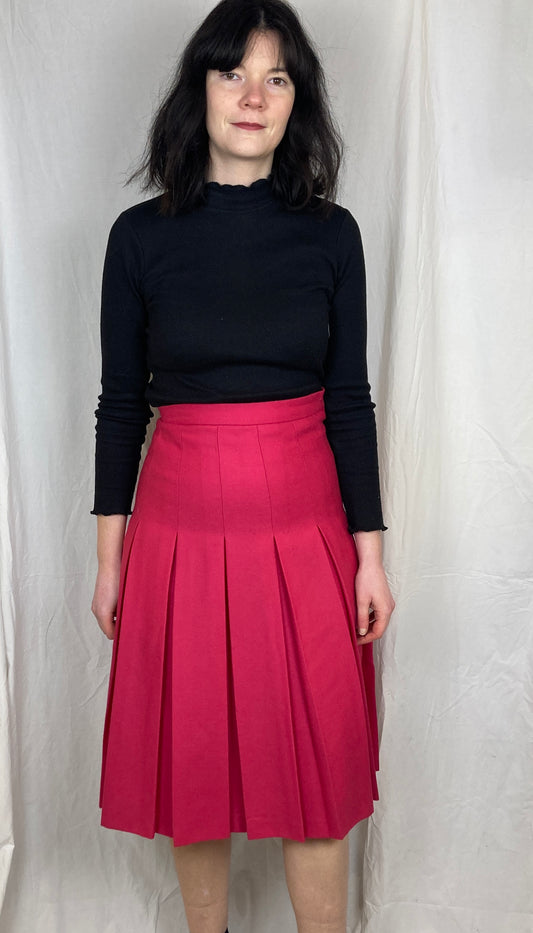 Vintage 80s Pink Pleated Wool Midi Skirt - Size 8