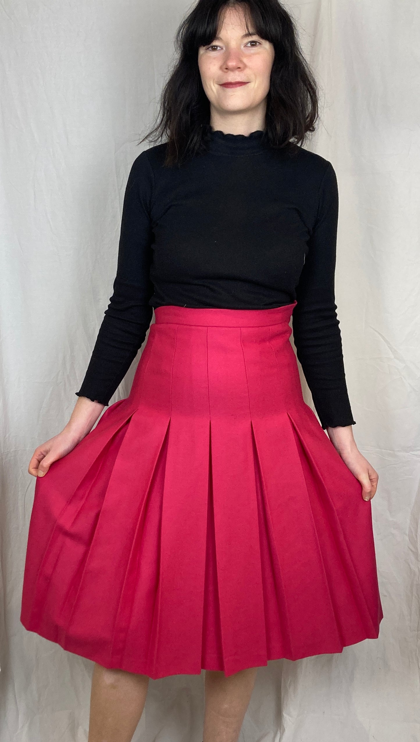 Vintage 80s Pink Pleated Wool Midi Skirt - Size 8