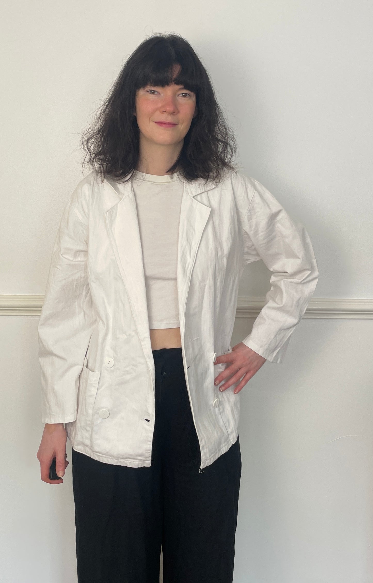 Vintage 90s White Cotton Double Breasted Blazer Jacket - Size 10