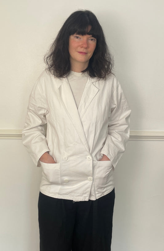 Vintage 90s White Cotton Double Breasted Blazer Jacket - Size 10