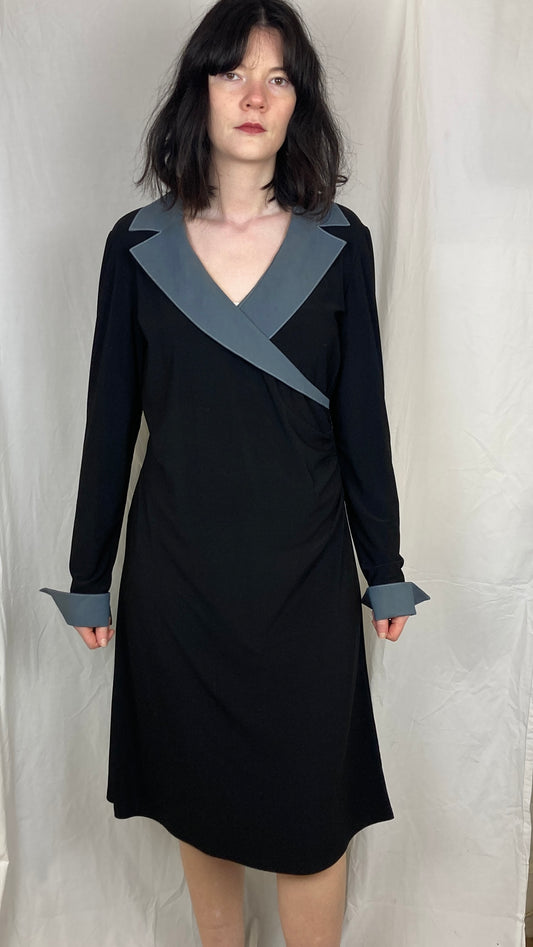 Vintage 90s Black Ruched Collared Midi Dress - Up To Size 12