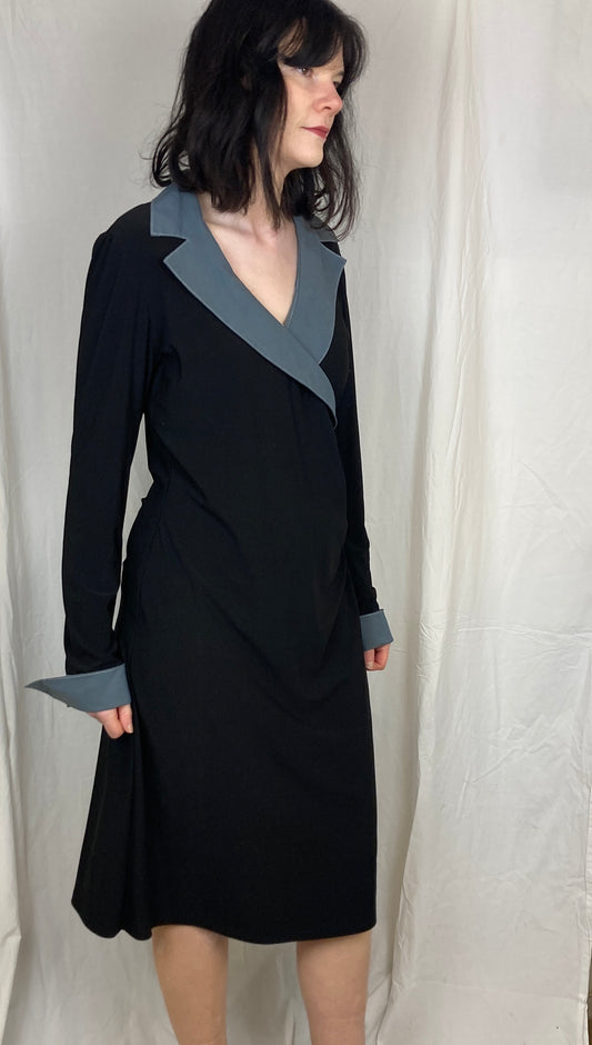 Vintage 90s Black Ruched Collared Midi Dress - Up To Size 12