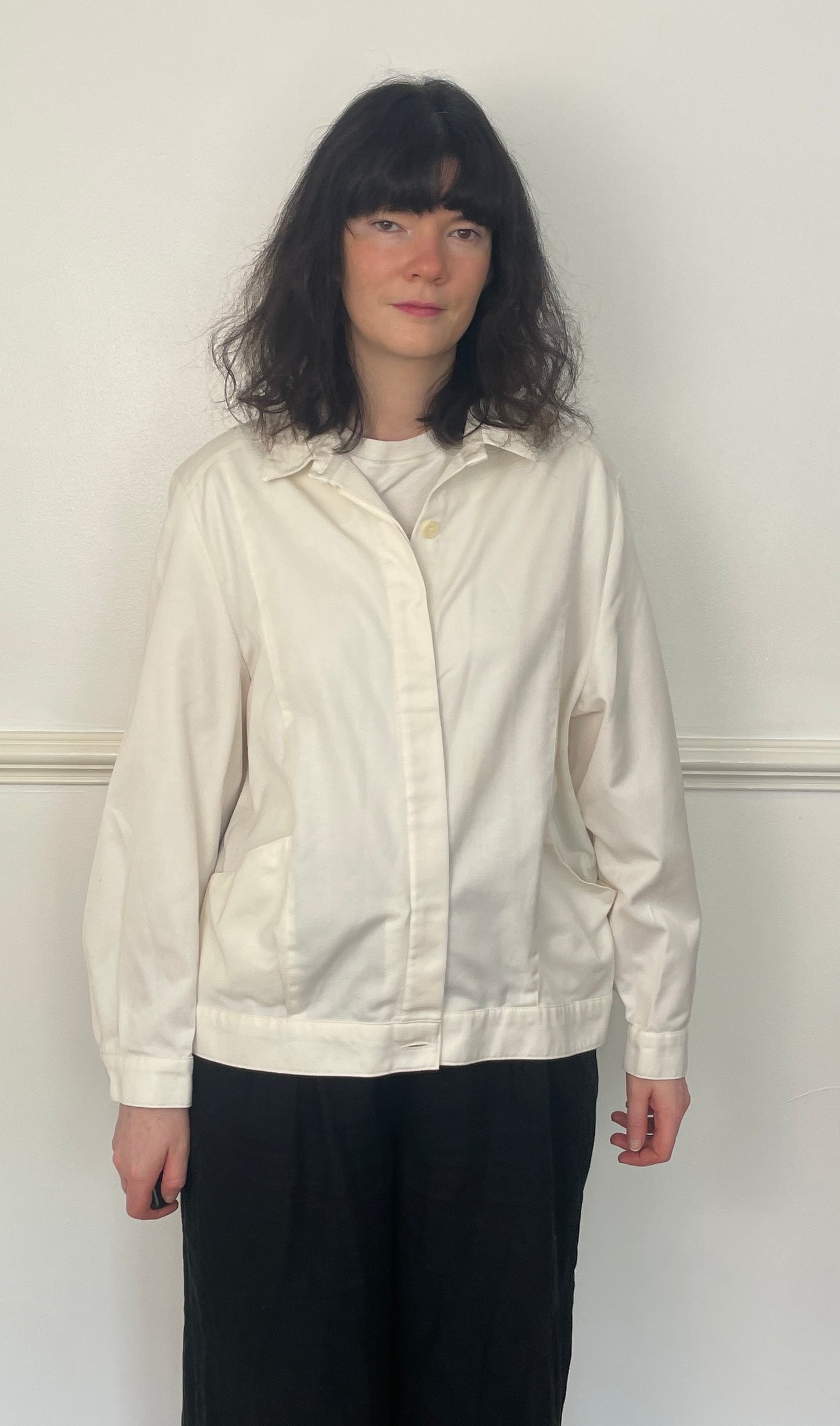 Vintage 80s White Cotton Unisex Button Bomber Jacket - Size 12