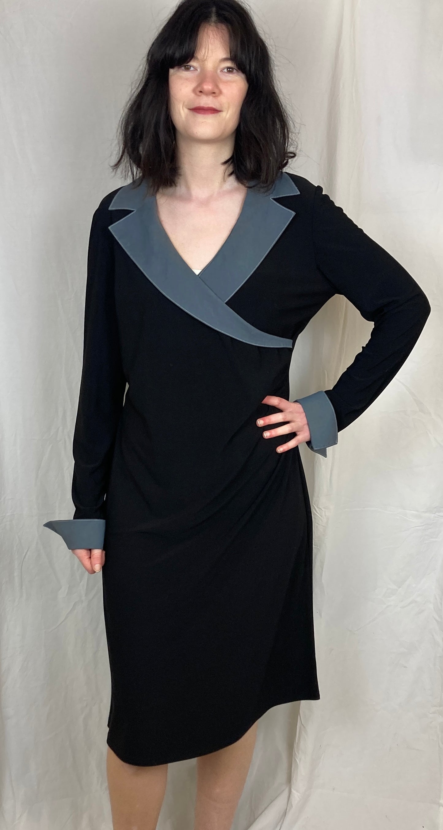 Vintage 90s Black Ruched Collared Midi Dress - Up To Size 12