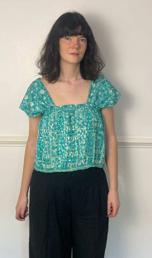 Vintage Y2K Blue Satin Printed Smocked Ruched Bust Vest Top - Size 10