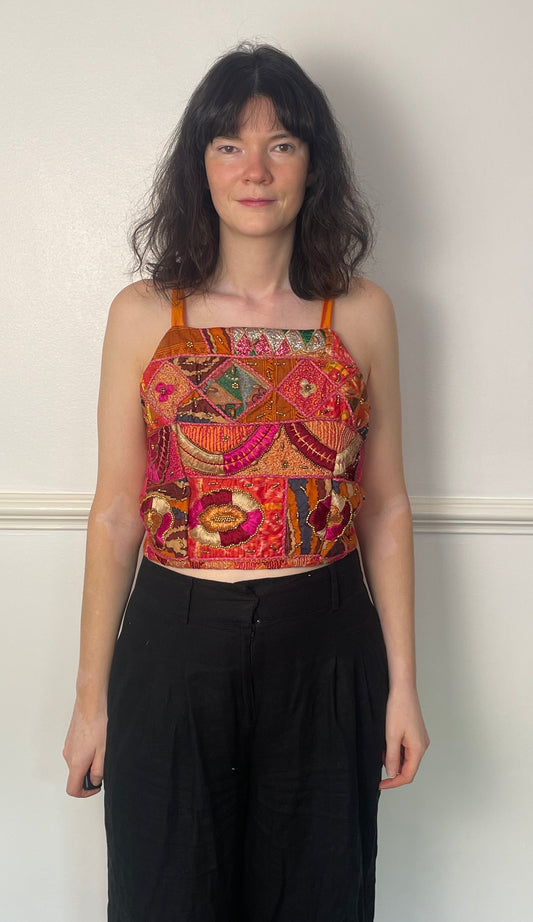 Handmade Orange Beaded Silk Cross Strap Tie Back Crop Top - Size 10