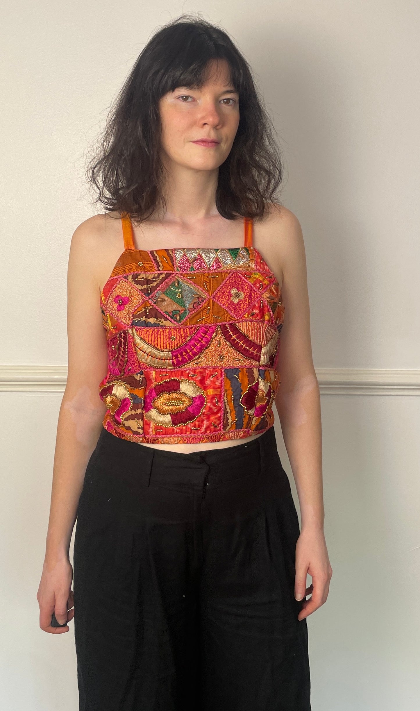 Handmade Orange Beaded Silk Cross Strap Tie Back Crop Top - Size 10
