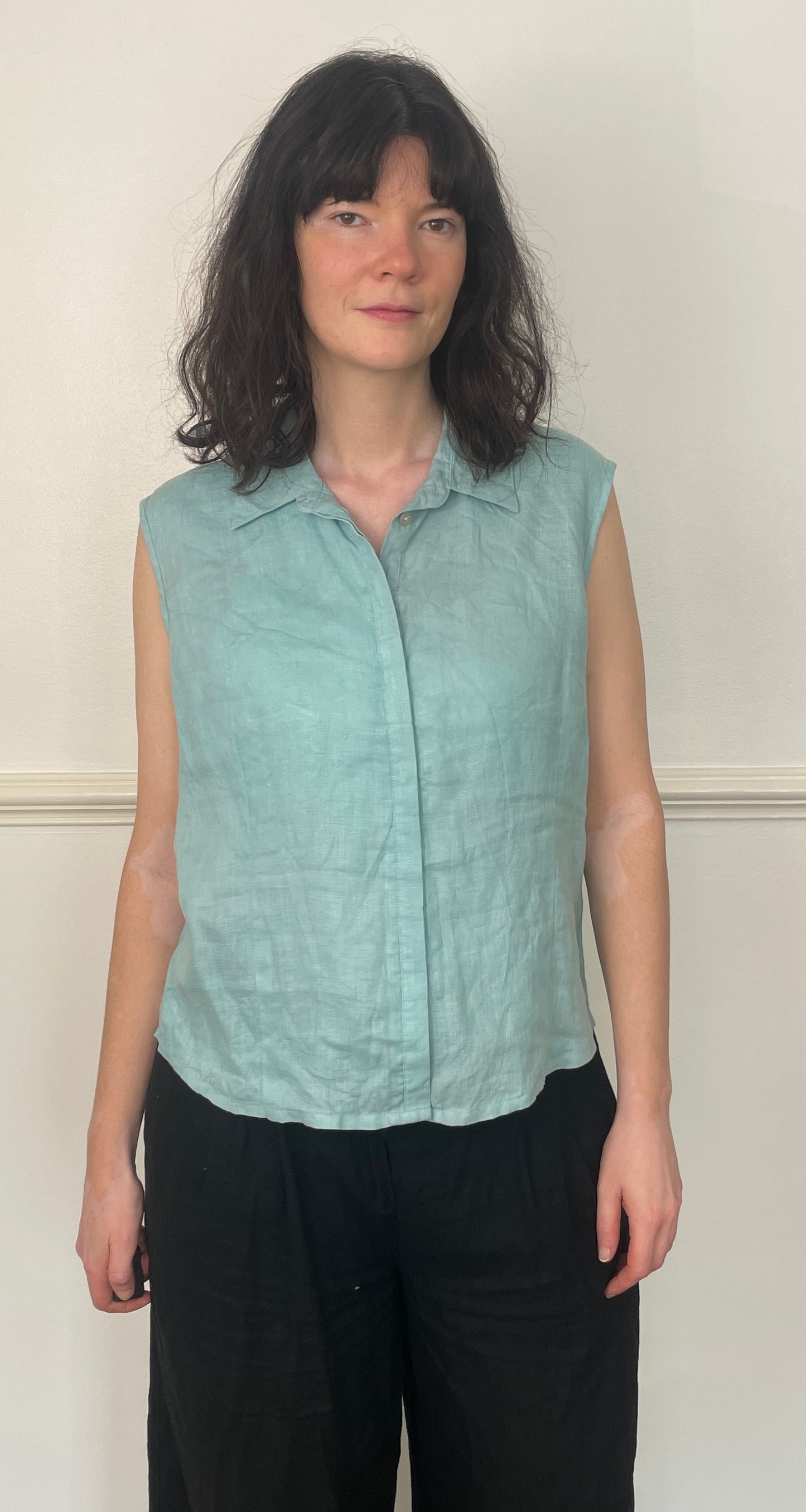 Vintage 90s Turquoise Blue Sleeveless Collared Linen Vest Top - Size 16