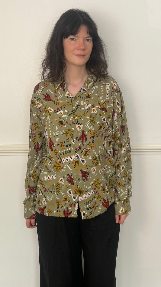 Vintage 90s Khaki Green Western Print Unisex Collared Shirt - Size 14