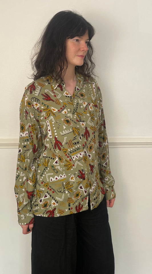 Vintage 90s Khaki Green Western Print Unisex Collared Shirt - Size 14