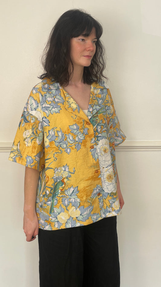 Handmade Orange Floral Cotton Short Sleeve Revere Collar Shirt - Size 16