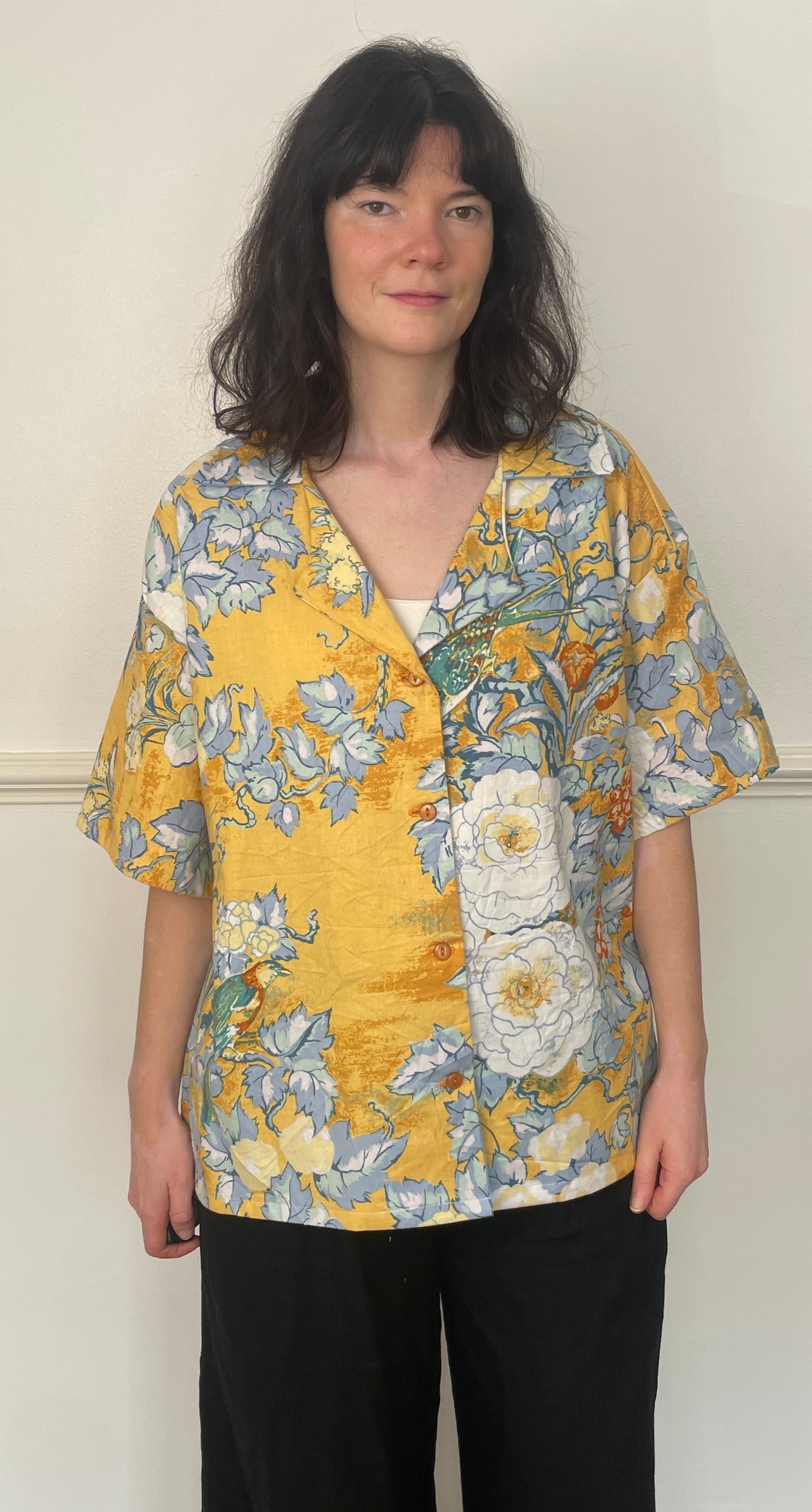 Handmade Orange Floral Cotton Short Sleeve Revere Collar Shirt - Size 16