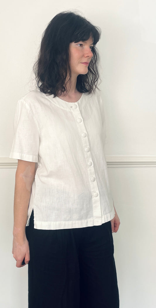 Vintage 90s White Linen Button Front Short Sleeve Shirt - Size 14