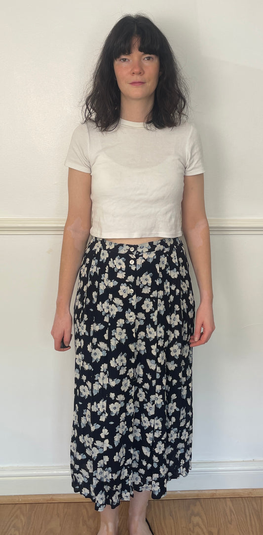 Vintage 90s Blue Floral Elastic Waist Plisse Button Midi Skirt - Size 10