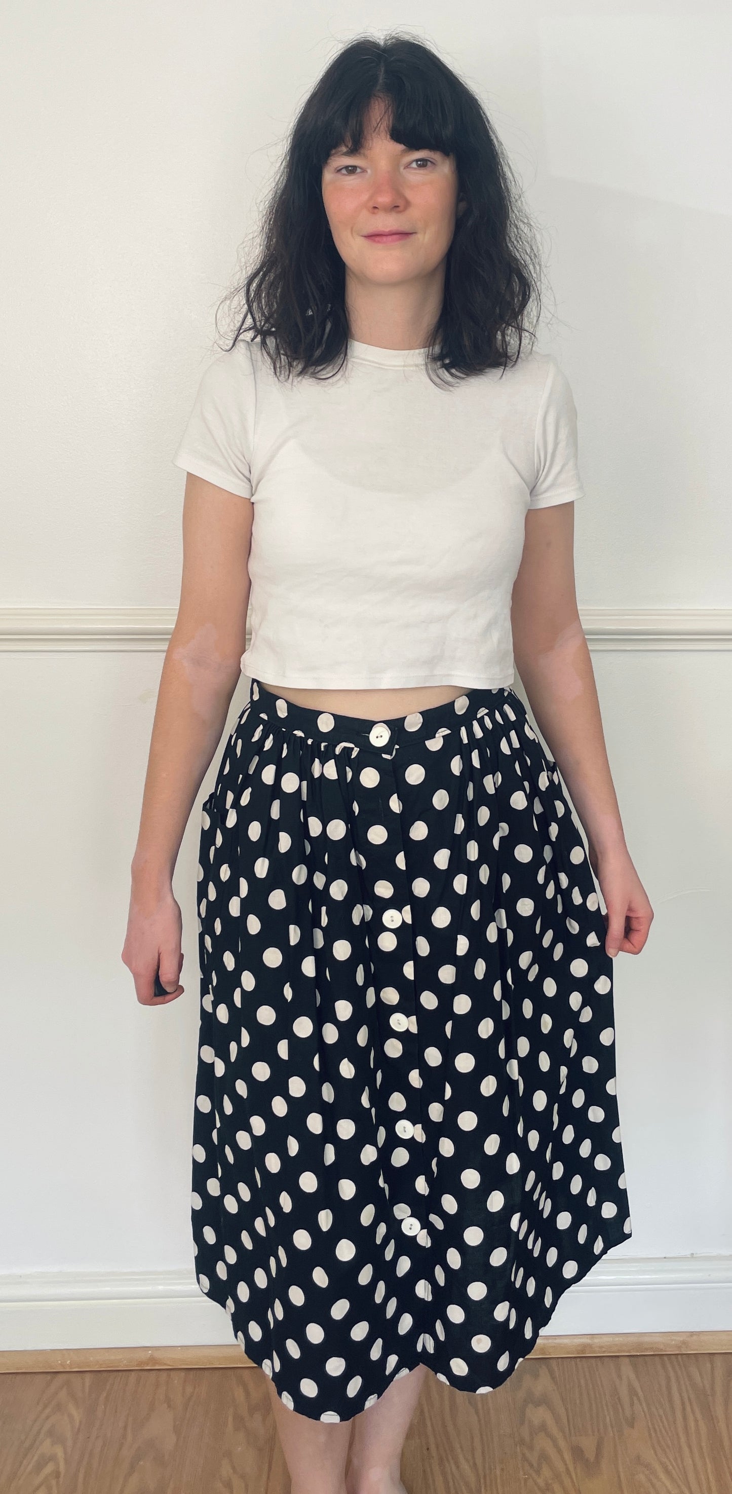 Vintage 80s Black Polka Dot Cotton Button Midi Skirt - Size 12