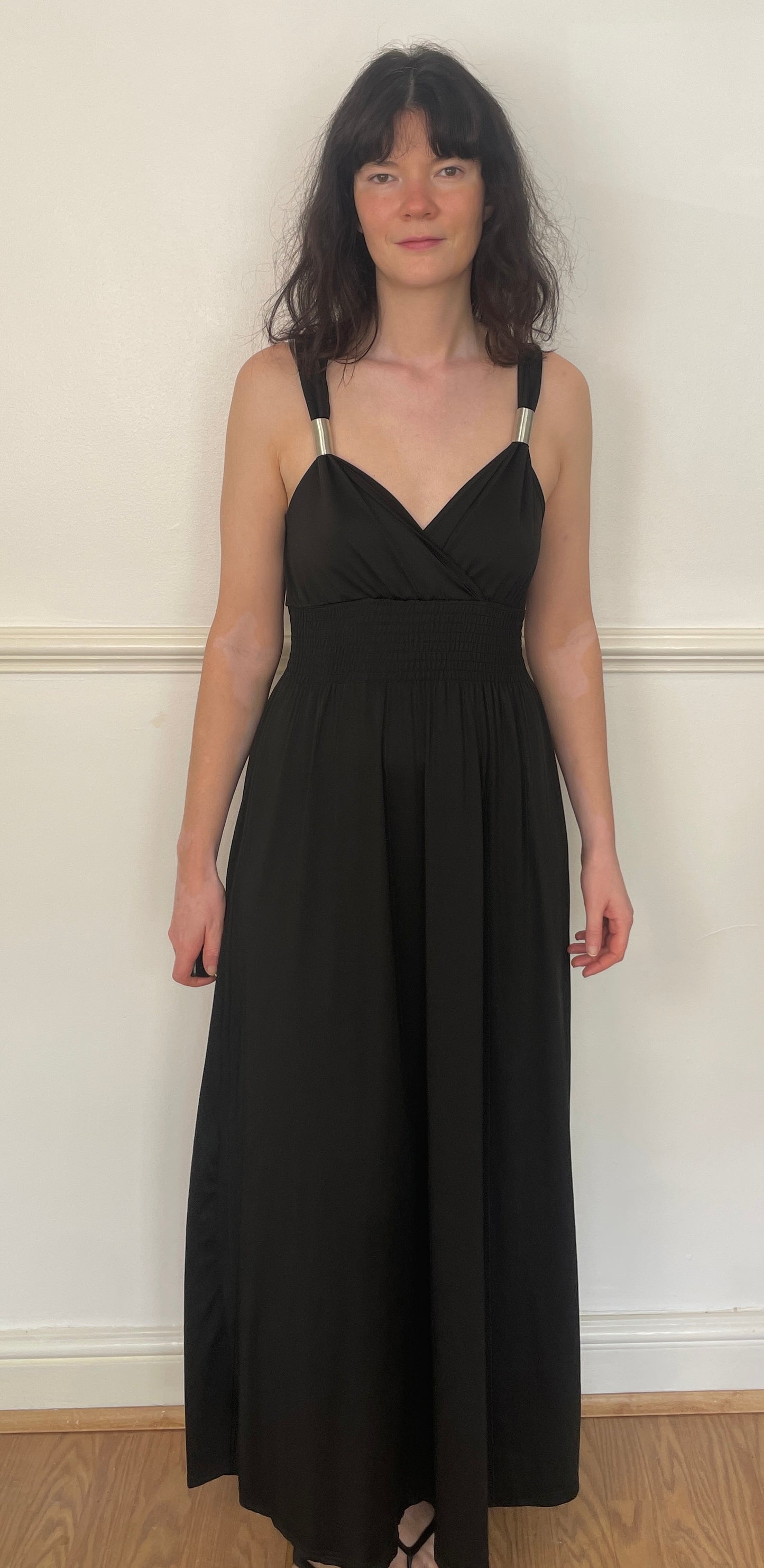 Vintage Y2K Black Stretch Smocked Waist Maxi Dress with Metal Straps - Size 10
