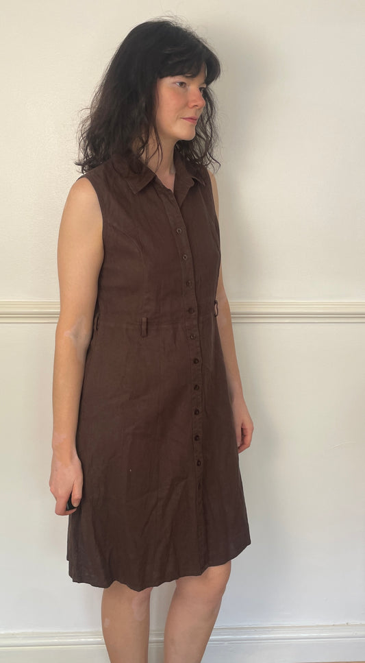 Vintage 90s Brown Linen Midi Shirt Dress - Size 12