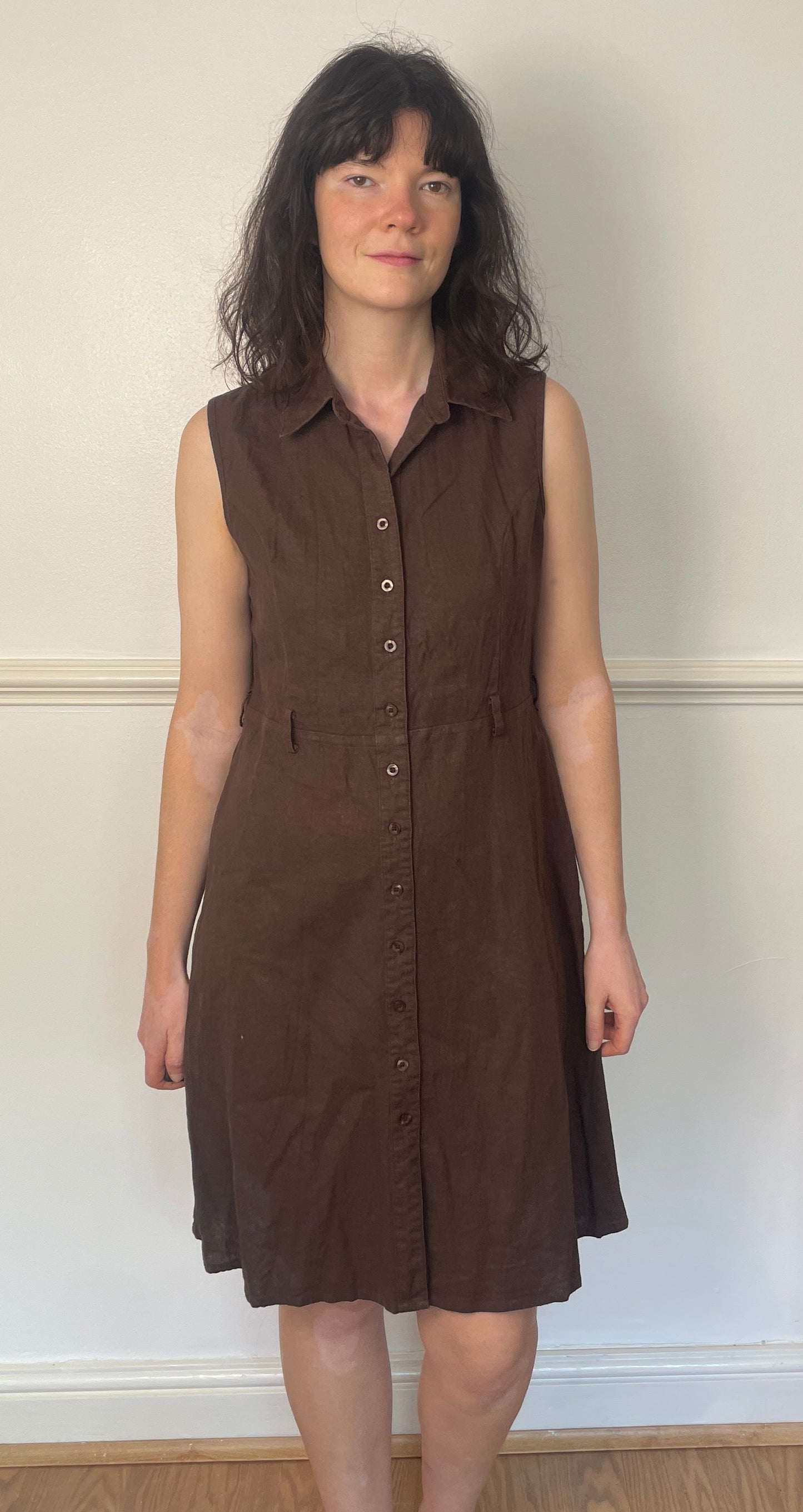 Vintage 90s Brown Linen Midi Shirt Dress - Size 12